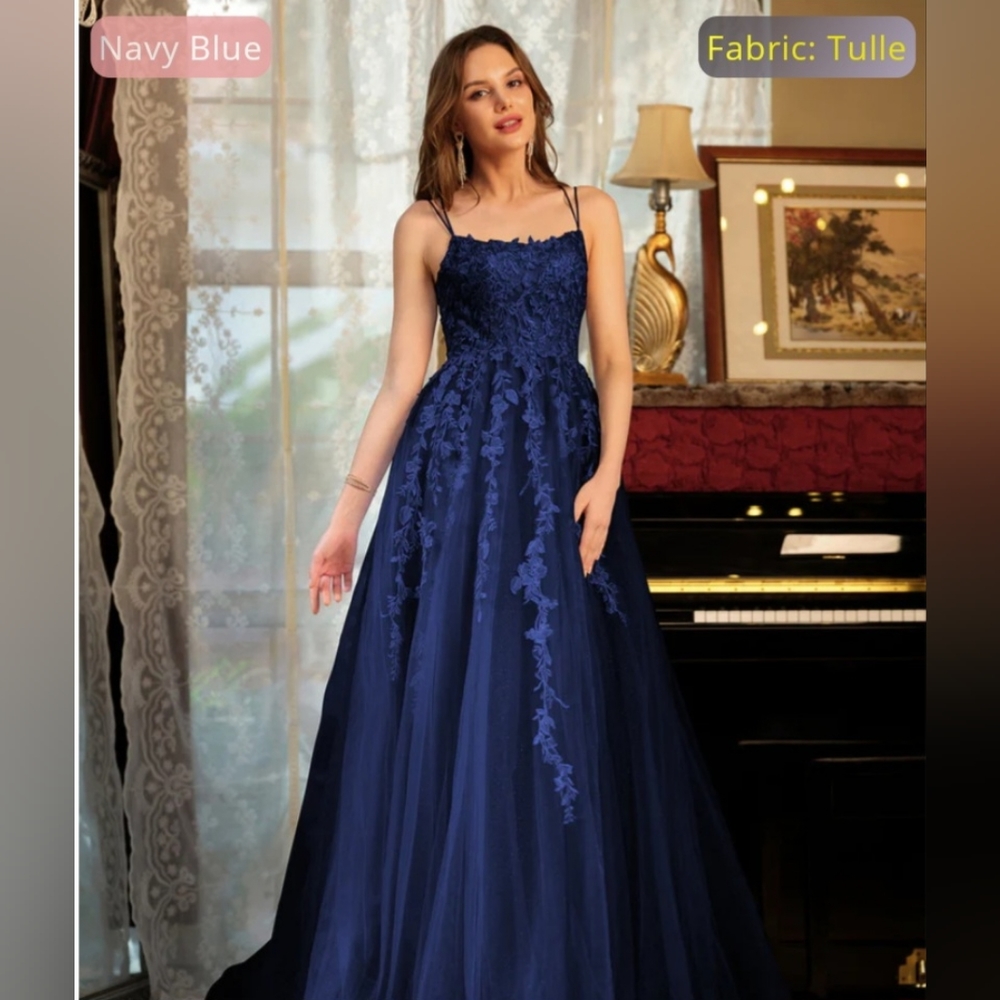 Lavetir Floral A-Line Tulle Spaghetti Strap Embroidered Gown Navy Blue S…